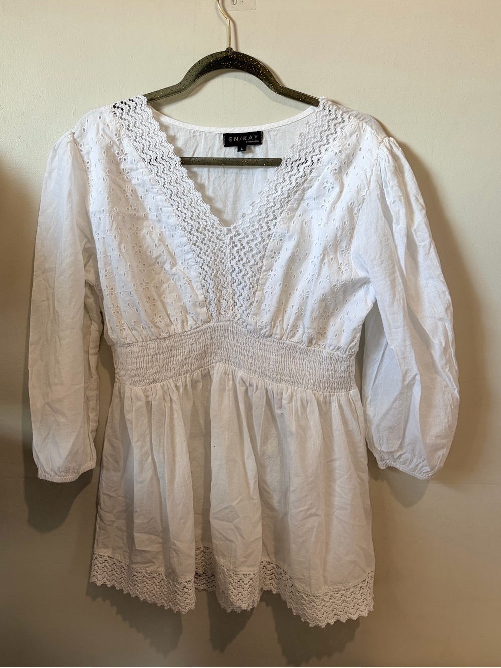 EN KAY by Navleen White Eyelet Lace Smocked Peplum Blouse | L | 100% Cotton